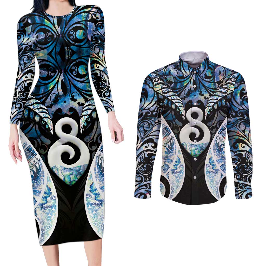 New Zealand Aotearoa Couples Matching Long Sleeve Bodycon Dress and Long Sleeve Button Shirt Pikorua Single Twist Green Paua Shell DT05 Green - Polynesian Pride