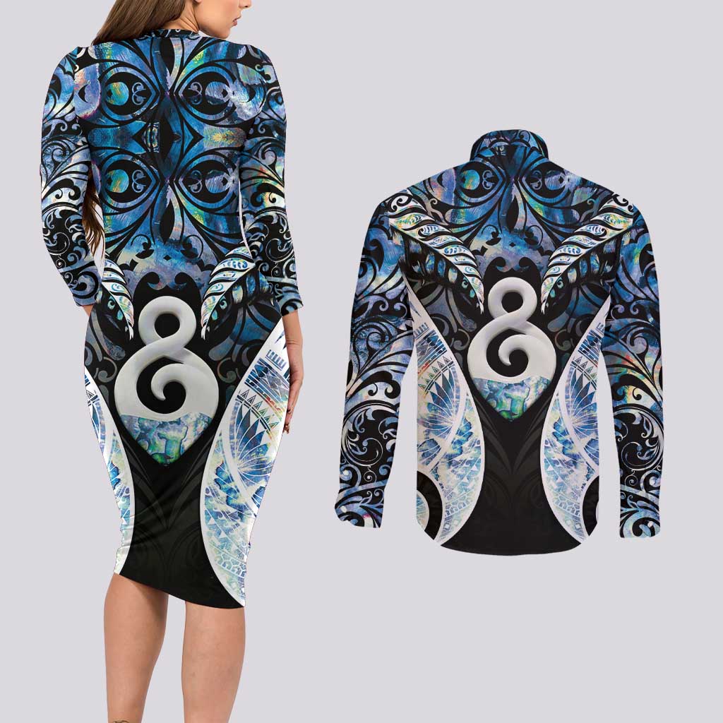 New Zealand Aotearoa Couples Matching Long Sleeve Bodycon Dress and Long Sleeve Button Shirt Pikorua Single Twist Green Paua Shell DT05 - Polynesian Pride