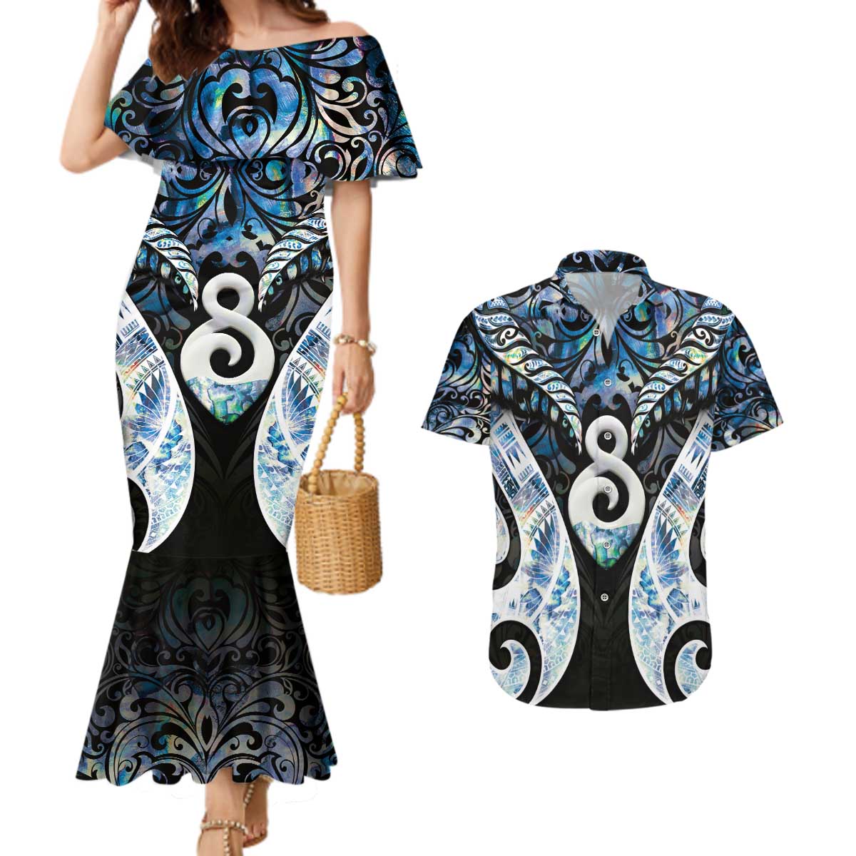 New Zealand Aotearoa Couples Matching Mermaid Dress and Hawaiian Shirt Pikorua Single Twist Green Paua Shell