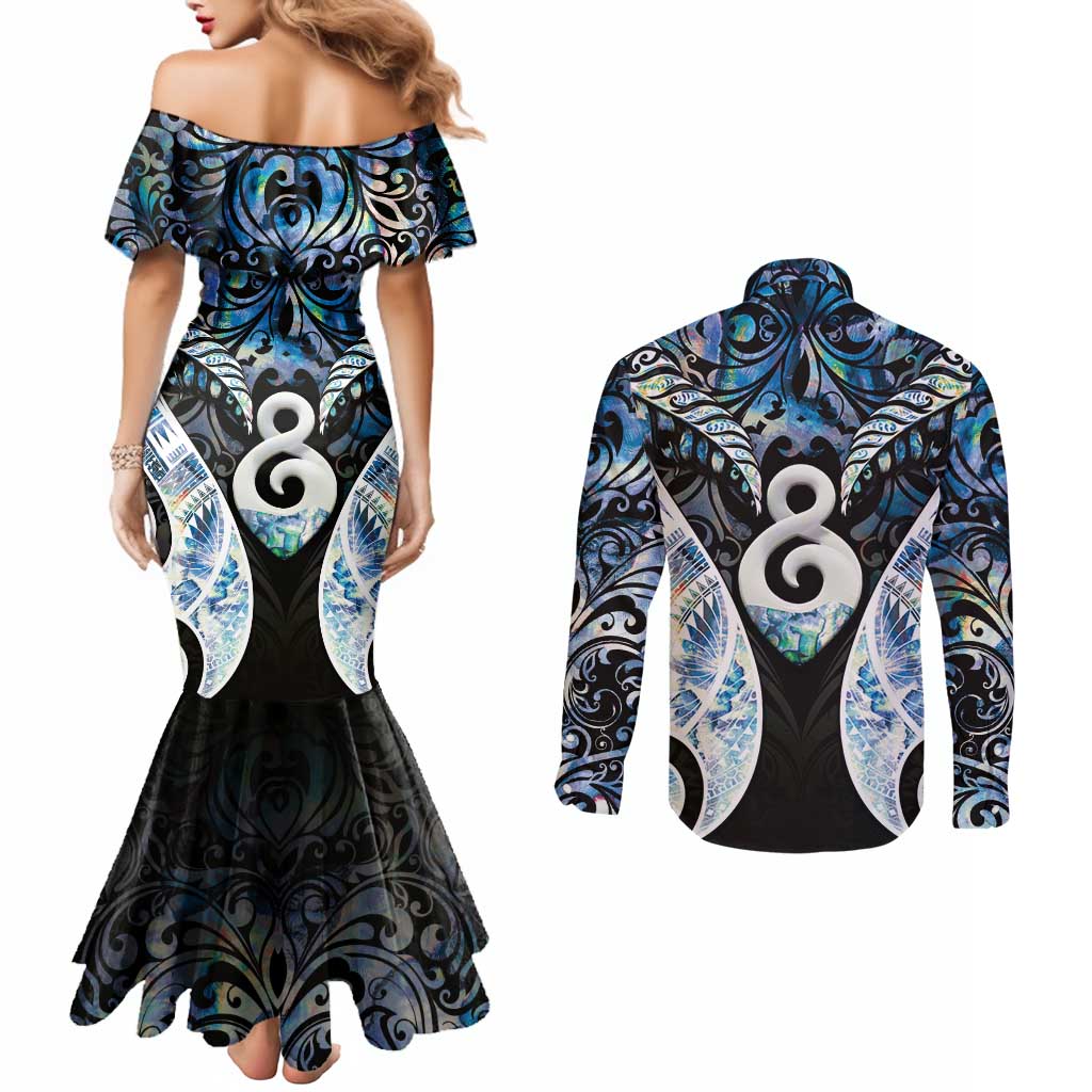 New Zealand Aotearoa Couples Matching Mermaid Dress and Long Sleeve Button Shirt Pikorua Single Twist Green Paua Shell DT05 - Polynesian Pride