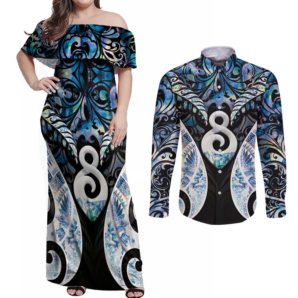 New Zealand Aotearoa Couples Matching Off Shoulder Maxi Dress and Long Sleeve Button Shirt Pikorua Single Twist Green Paua Shell DT05 Green - Polynesian Pride
