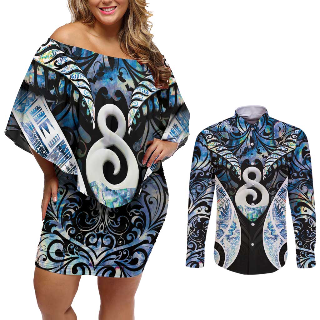 New Zealand Aotearoa Couples Matching Off Shoulder Short Dress and Long Sleeve Button Shirt Pikorua Single Twist Green Paua Shell DT05 Green - Polynesian Pride