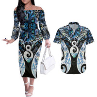 New Zealand Aotearoa Couples Matching Off The Shoulder Long Sleeve Dress and Hawaiian Shirt Pikorua Single Twist Green Paua Shell DT05 Green - Polynesian Pride