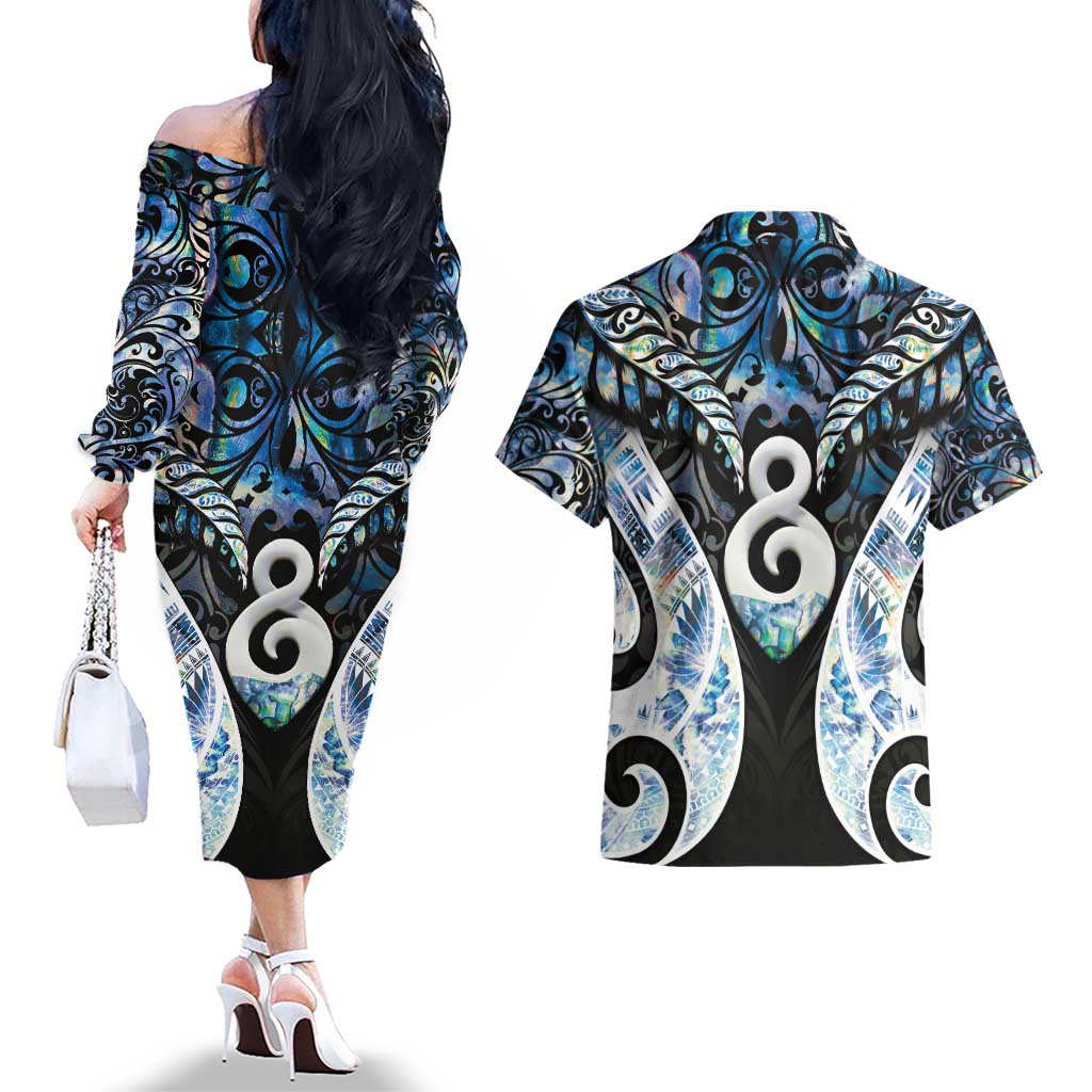 New Zealand Aotearoa Couples Matching Off The Shoulder Long Sleeve Dress and Hawaiian Shirt Pikorua Single Twist Green Paua Shell DT05 - Polynesian Pride