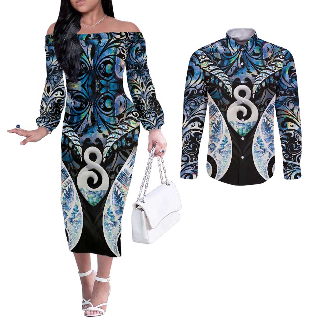 New Zealand Aotearoa Couples Matching Off The Shoulder Long Sleeve Dress and Long Sleeve Button Shirt Pikorua Single Twist Green Paua Shell DT05 Green - Polynesian Pride