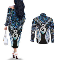 New Zealand Aotearoa Couples Matching Off The Shoulder Long Sleeve Dress and Long Sleeve Button Shirt Pikorua Single Twist Green Paua Shell DT05 - Polynesian Pride