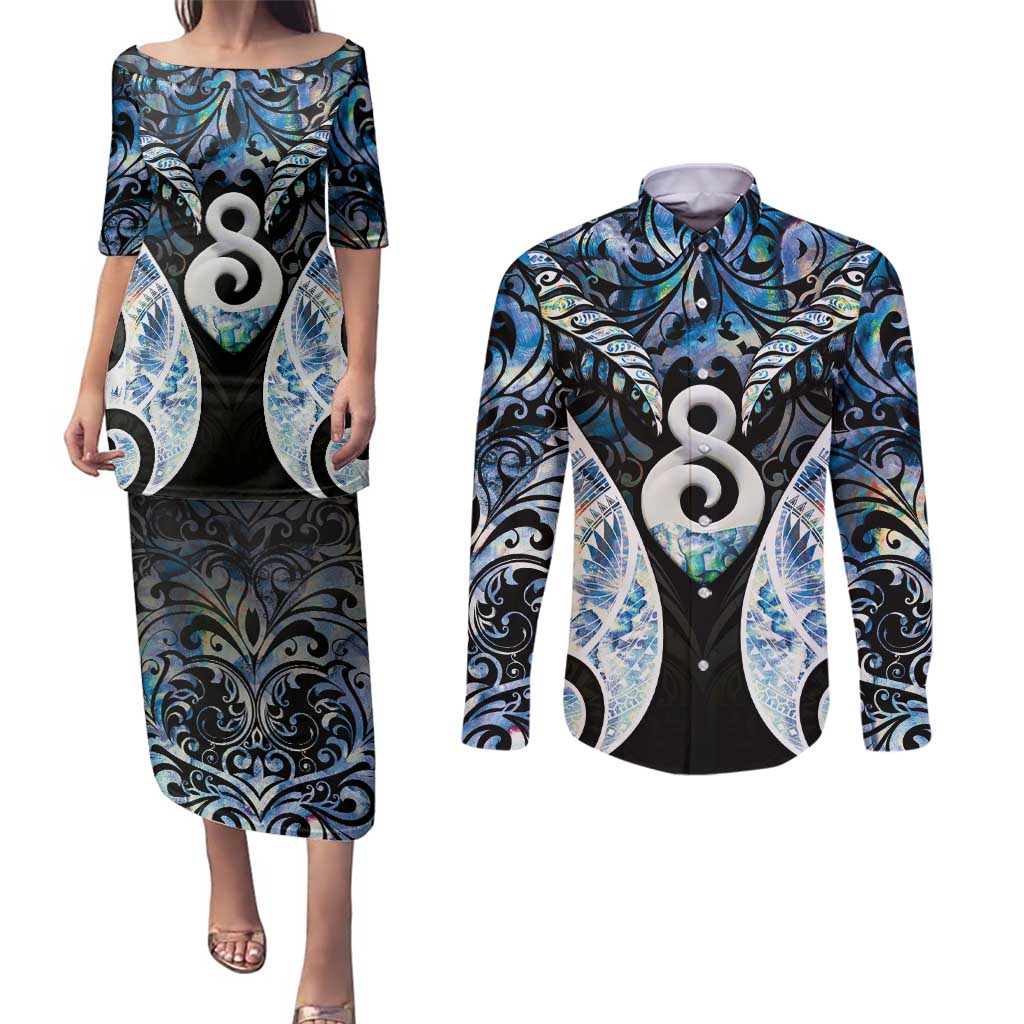 New Zealand Aotearoa Couples Matching Puletasi and Long Sleeve Button Shirt Pikorua Single Twist Green Paua Shell DT05 Green - Polynesian Pride