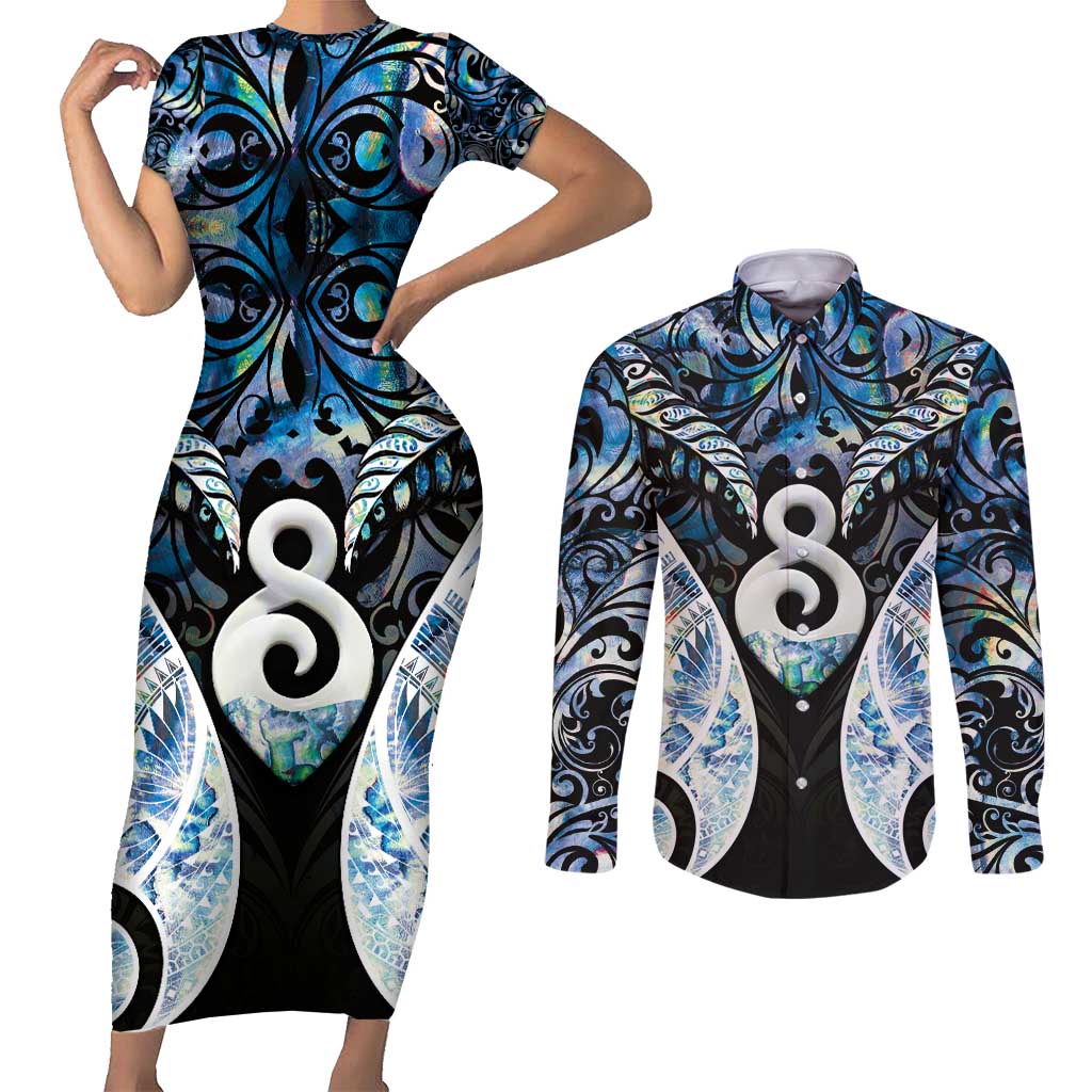 New Zealand Aotearoa Couples Matching Short Sleeve Bodycon Dress and Long Sleeve Button Shirt Pikorua Single Twist Green Paua Shell DT05 Green - Polynesian Pride
