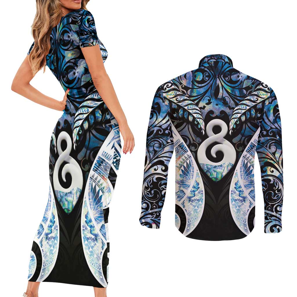 New Zealand Aotearoa Couples Matching Short Sleeve Bodycon Dress and Long Sleeve Button Shirt Pikorua Single Twist Green Paua Shell DT05 - Polynesian Pride