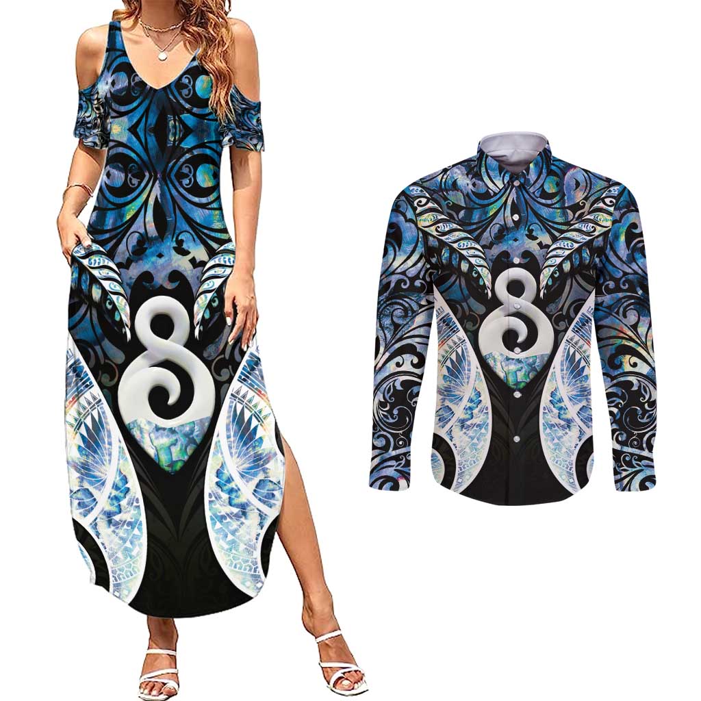 New Zealand Aotearoa Couples Matching Summer Maxi Dress and Long Sleeve Button Shirt Pikorua Single Twist Green Paua Shell DT05 Green - Polynesian Pride