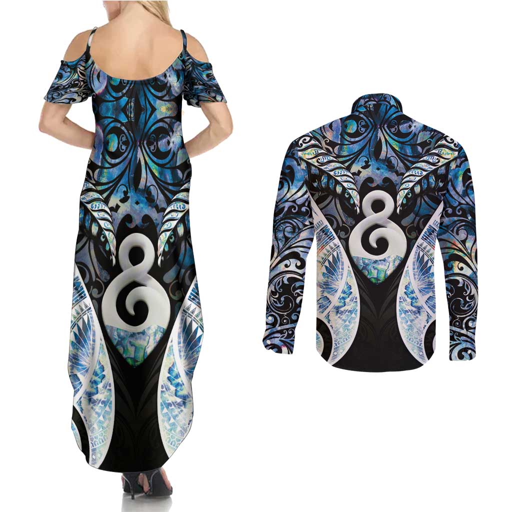 New Zealand Aotearoa Couples Matching Summer Maxi Dress and Long Sleeve Button Shirt Pikorua Single Twist Green Paua Shell DT05 - Polynesian Pride