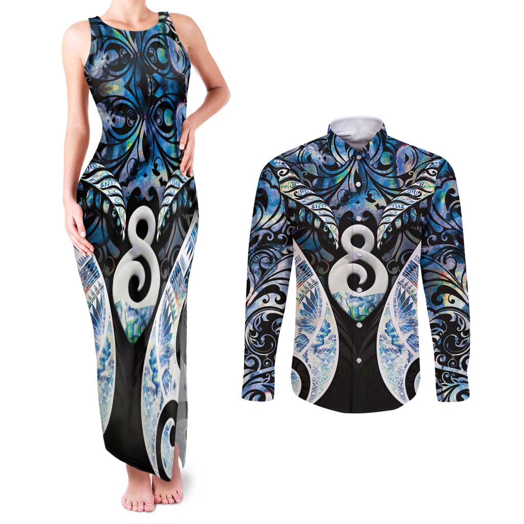 New Zealand Aotearoa Couples Matching Tank Maxi Dress and Long Sleeve Button Shirt Pikorua Single Twist Green Paua Shell DT05 Green - Polynesian Pride