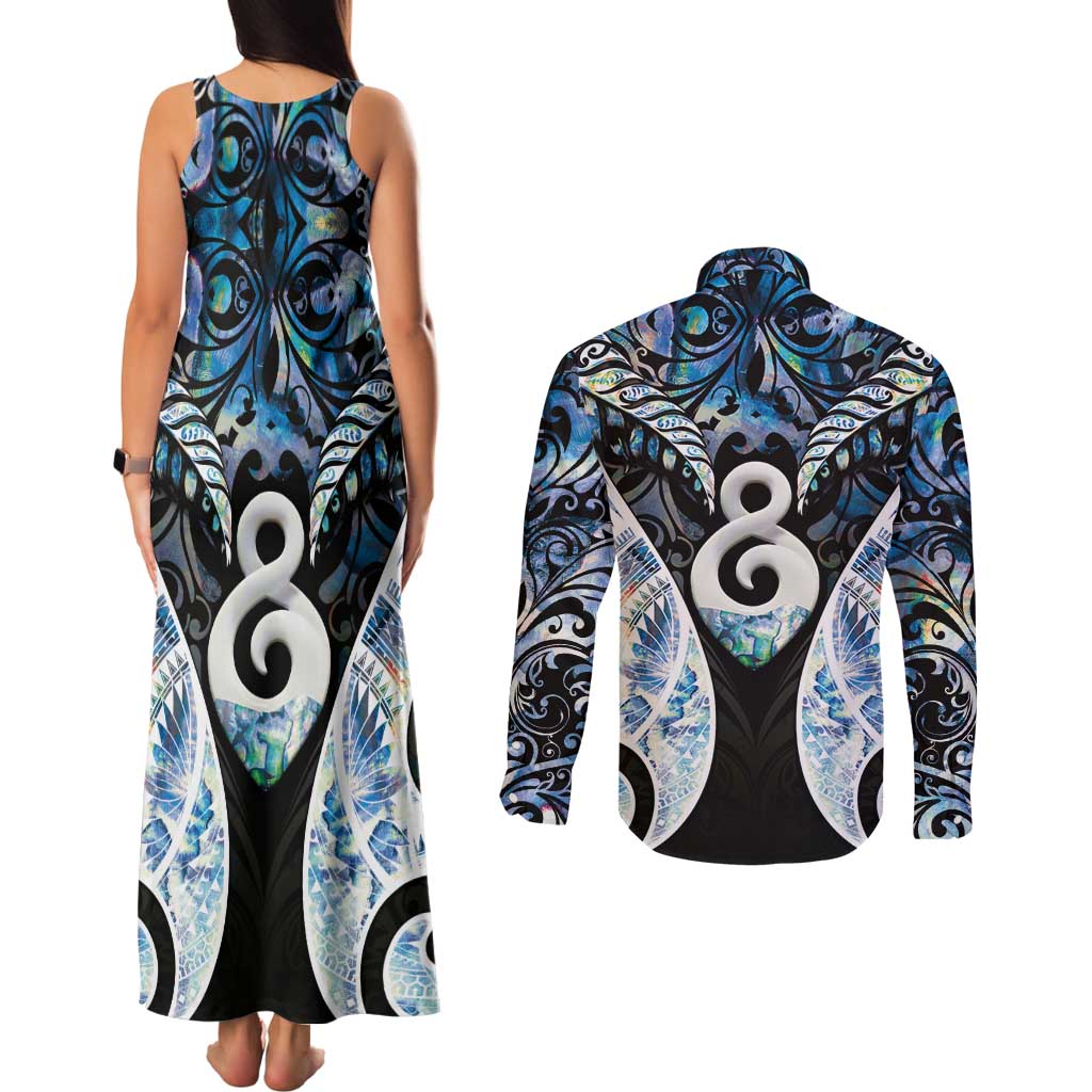 New Zealand Aotearoa Couples Matching Tank Maxi Dress and Long Sleeve Button Shirt Pikorua Single Twist Green Paua Shell DT05 - Polynesian Pride