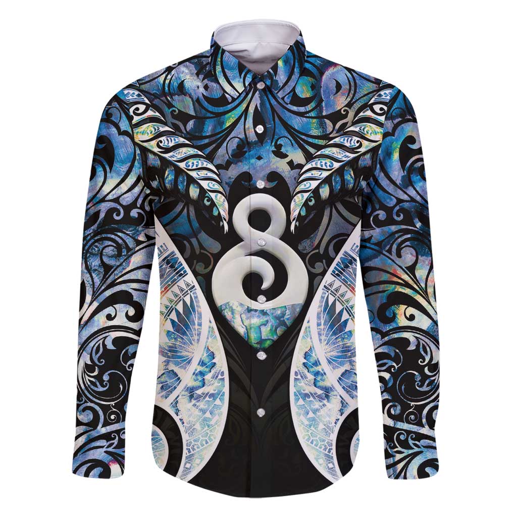 New Zealand Aotearoa Family Matching Mermaid Dress and Hawaiian Shirt Pikorua Single Twist Green Paua Shell DT05 Dad's Shirt - Long Sleeve Green - Polynesian Pride