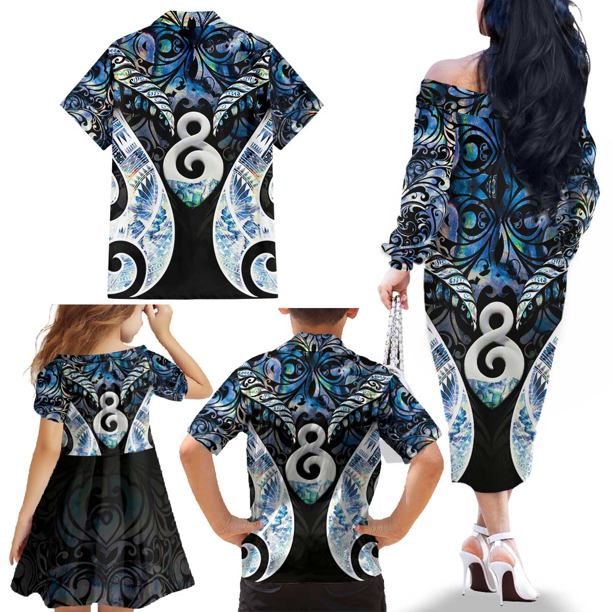 New Zealand Aotearoa Family Matching Off The Shoulder Long Sleeve Dress and Hawaiian Shirt Pikorua Single Twist Green Paua Shell DT05 - Polynesian Pride