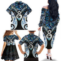 New Zealand Aotearoa Family Matching Off The Shoulder Long Sleeve Dress and Hawaiian Shirt Pikorua Single Twist Green Paua Shell DT05 - Polynesian Pride