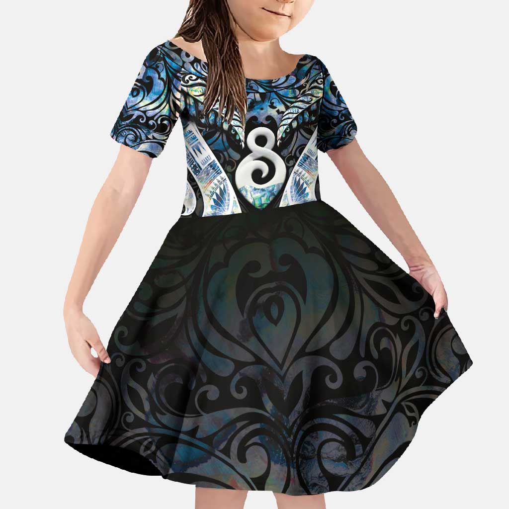 New Zealand Aotearoa Family Matching Off Shoulder Maxi Dress and Hawaiian Shirt Pikorua Single Twist Green Paua Shell DT05 Daughter's Dress Green - Polynesian Pride