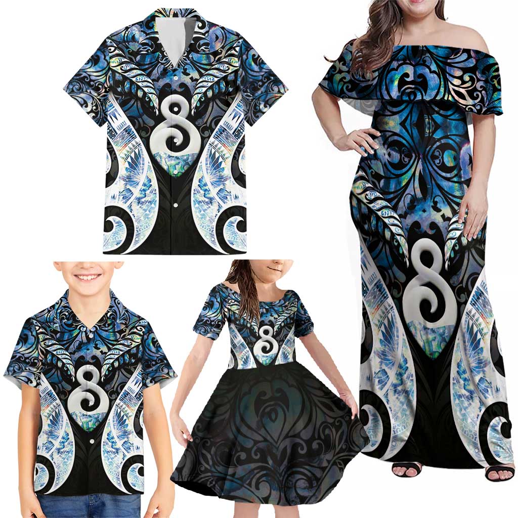 New Zealand Aotearoa Family Matching Off Shoulder Maxi Dress and Hawaiian Shirt Pikorua Single Twist Green Paua Shell DT05 - Polynesian Pride