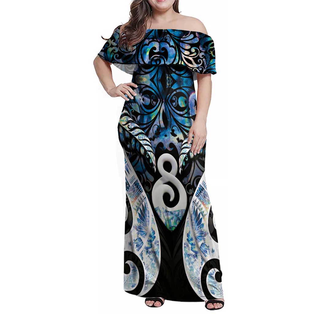 New Zealand Aotearoa Family Matching Off Shoulder Maxi Dress and Hawaiian Shirt Pikorua Single Twist Green Paua Shell DT05 Mom's Dress Green - Polynesian Pride