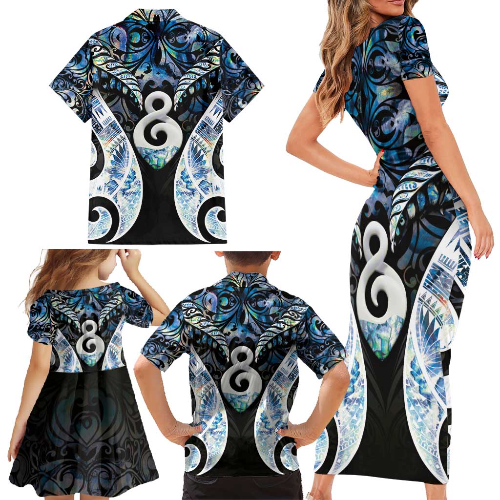New Zealand Aotearoa Family Matching Short Sleeve Bodycon Dress and Hawaiian Shirt Pikorua Single Twist Green Paua Shell DT05 - Polynesian Pride