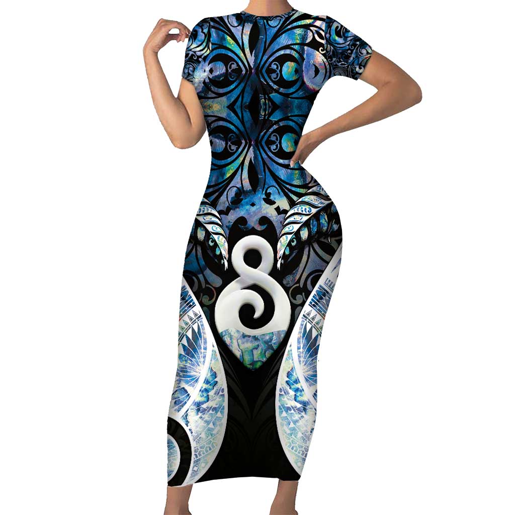 New Zealand Aotearoa Family Matching Short Sleeve Bodycon Dress and Hawaiian Shirt Pikorua Single Twist Green Paua Shell DT05 Mom's Dress Green - Polynesian Pride