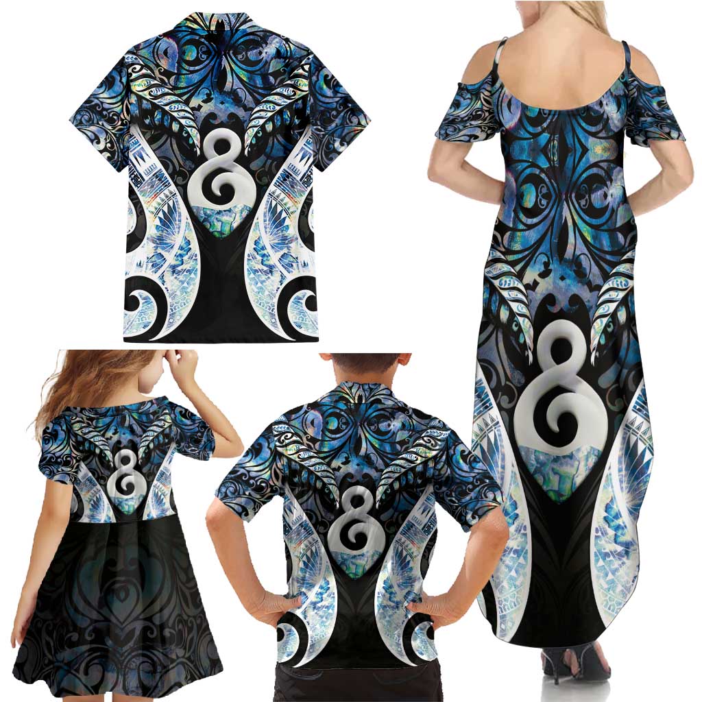 New Zealand Aotearoa Family Matching Summer Maxi Dress and Hawaiian Shirt Pikorua Single Twist Green Paua Shell DT05 - Polynesian Pride