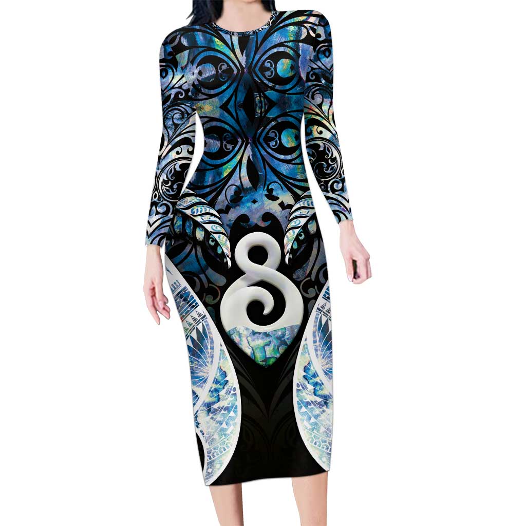 New Zealand Aotearoa Long Sleeve Bodycon Dress Pikorua Single Twist Green Paua Shell DT05 Long Dress Green - Polynesian Pride