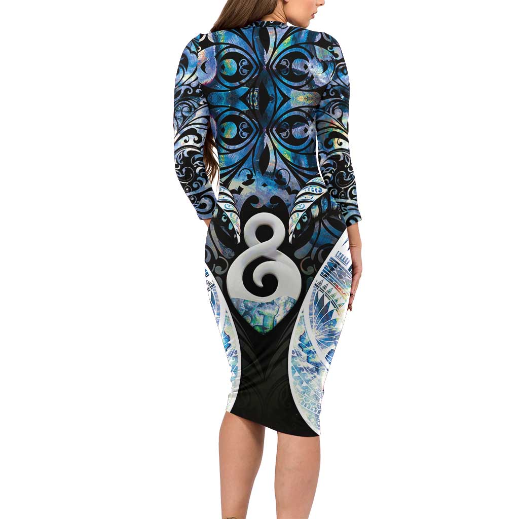 New Zealand Aotearoa Long Sleeve Bodycon Dress Pikorua Single Twist Green Paua Shell DT05 - Polynesian Pride