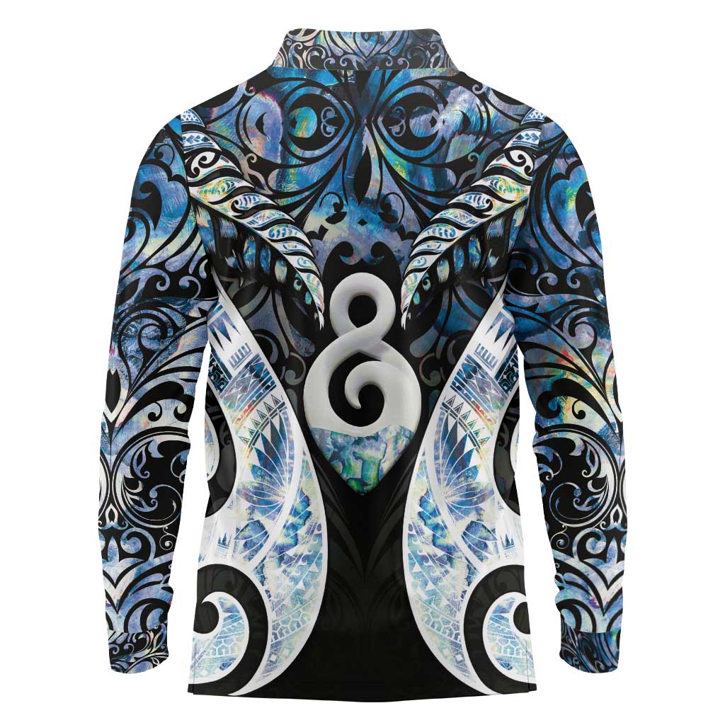 New Zealand Aotearoa Long Sleeve Polo Shirt Pikorua Single Twist Green Paua Shell DT05 - Polynesian Pride