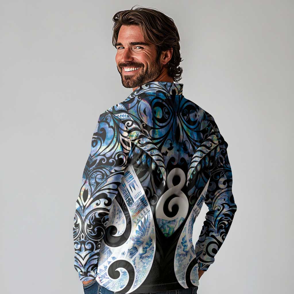 New Zealand Aotearoa Long Sleeve Polo Shirt Pikorua Single Twist Green Paua Shell DT05 - Polynesian Pride