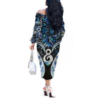 New Zealand Aotearoa Off The Shoulder Long Sleeve Dress Pikorua Single Twist Green Paua Shell DT05 - Polynesian Pride