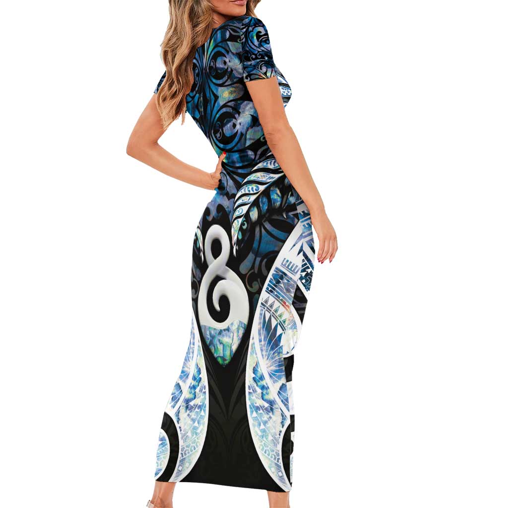 New Zealand Aotearoa Short Sleeve Bodycon Dress Pikorua Single Twist Green Paua Shell DT05 - Polynesian Pride