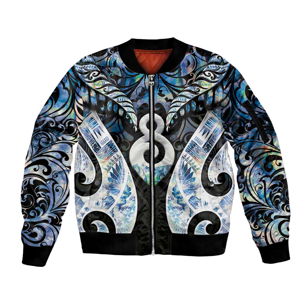 New Zealand Aotearoa Sleeve Zip Bomber Jacket Pikorua Single Twist Green Paua Shell DT05 Unisex Green - Polynesian Pride