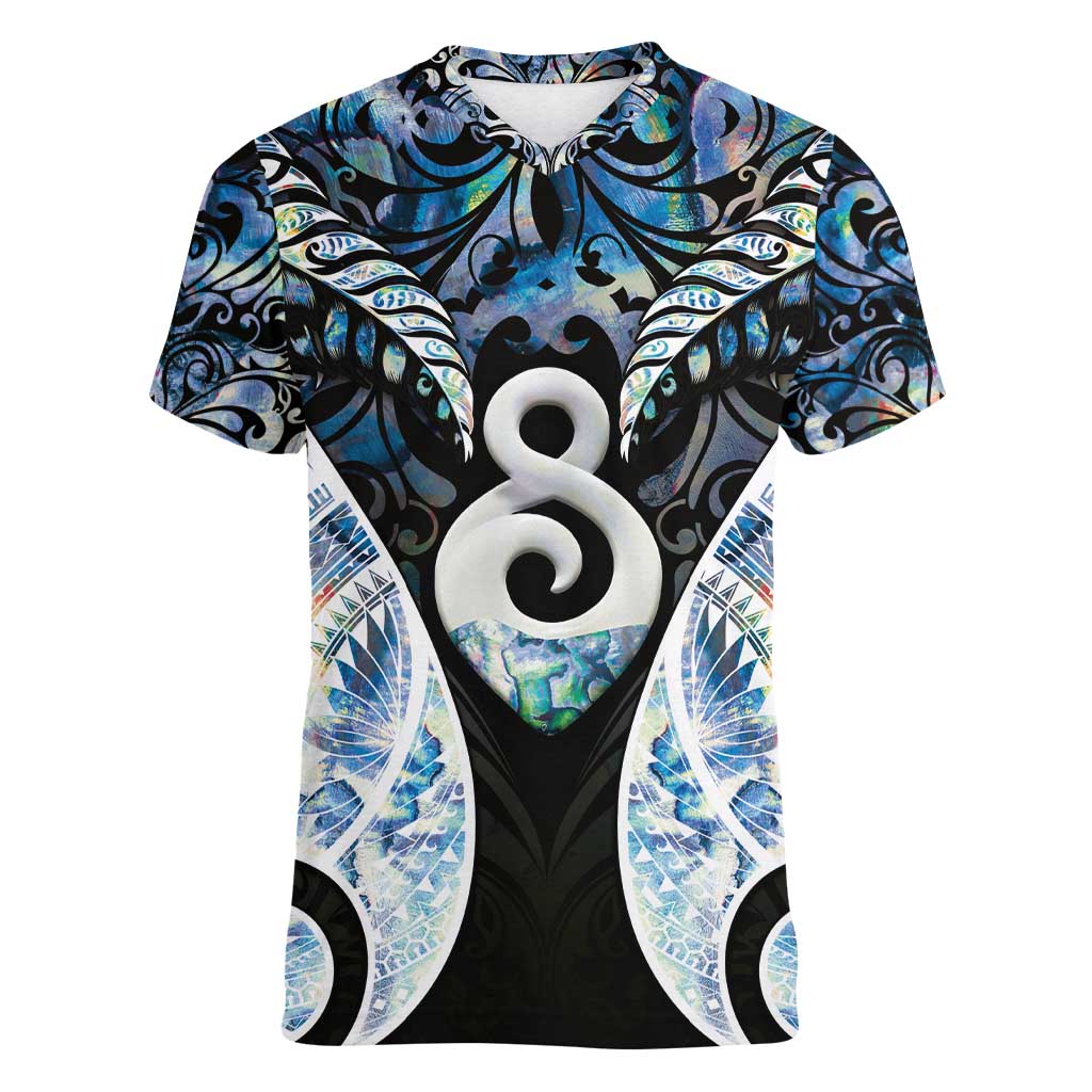 New Zealand Aotearoa Women V-Neck T-Shirt Pikorua Single Twist Green Paua Shell DT05 Female Green - Polynesian Pride