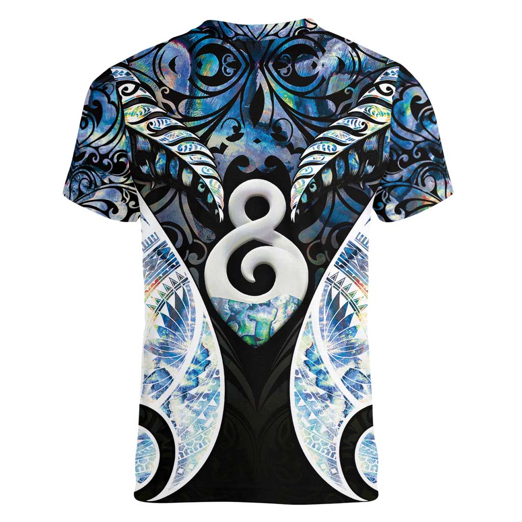 New Zealand Aotearoa Women V-Neck T-Shirt Pikorua Single Twist Green Paua Shell DT05 - Polynesian Pride