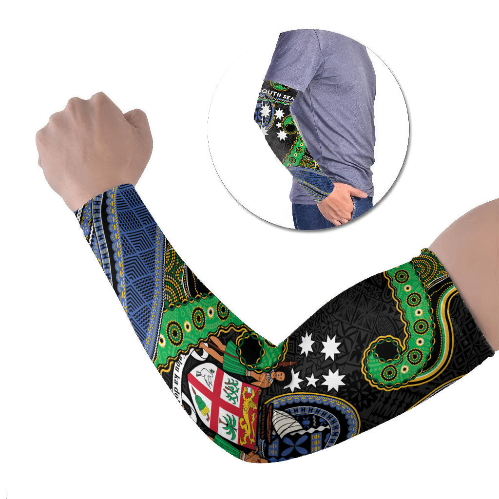 South Sea Islanders And Fiji Arm Sleeves Fijian Coat Of Arms And Southern Cross DT05 Set of 2 Black - Polynesian Pride