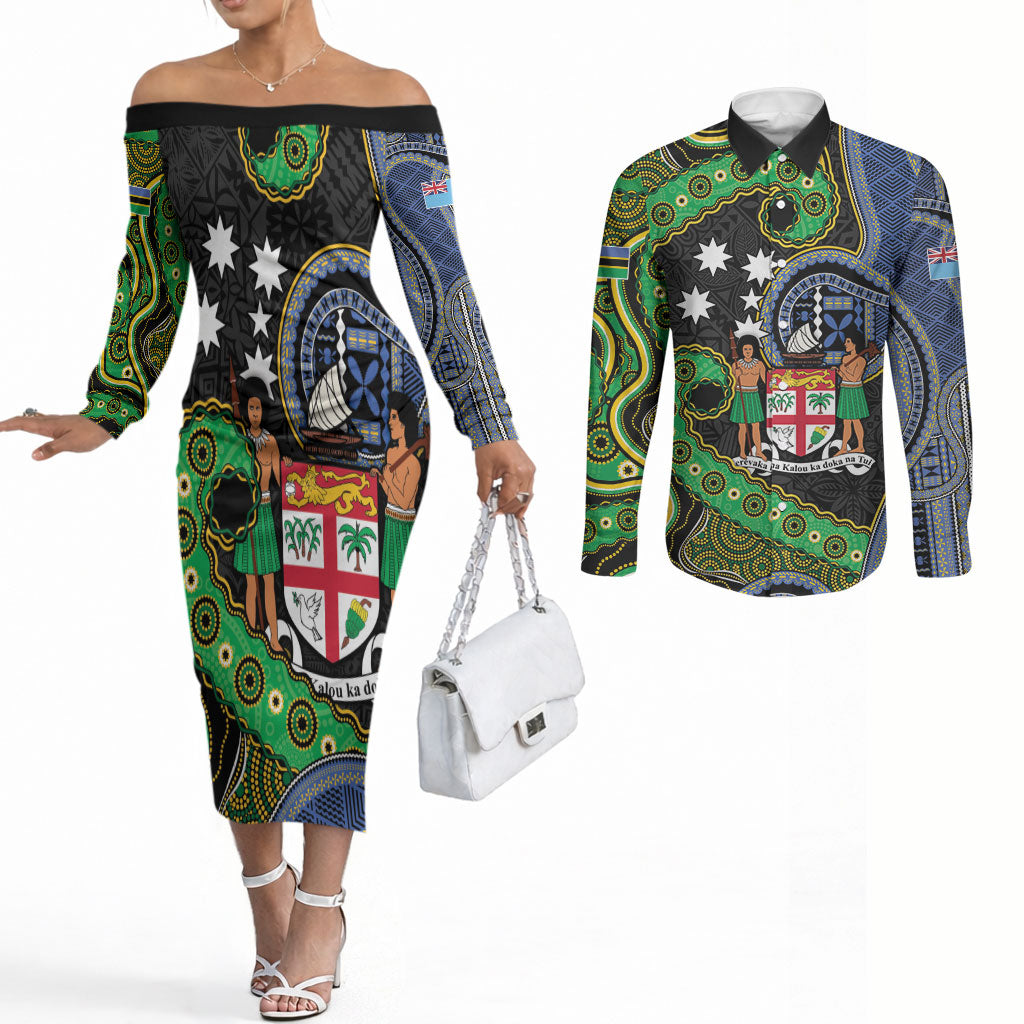 South Sea Islanders And Fiji Couples Matching Off The Shoulder Long Sleeve Dress and Long Sleeve Button Shirt Fijian Coat Of Arms And Southern Cross DT05 Black - Polynesian Pride