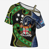 South Sea Islanders And Fiji Cross Shoulder Shirt Fijian Coat Of Arms And Southern Cross DT05 Female Black - Polynesian Pride