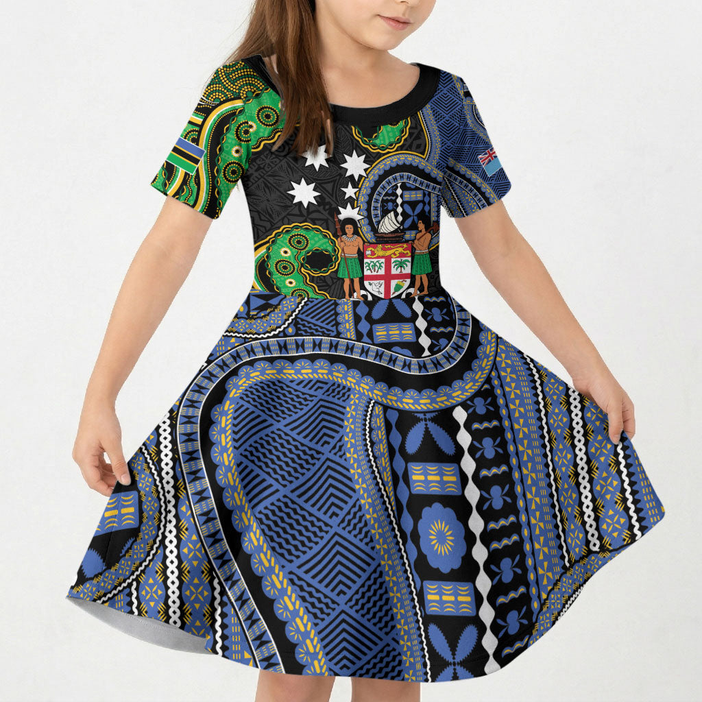 South Sea Islanders And Fiji Kid Short Sleeve Dress Fijian Coat Of Arms And Southern Cross DT05 KID Black - Polynesian Pride