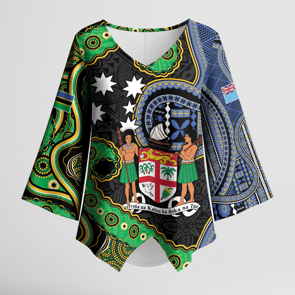 South Sea Islanders And Fiji Kimono Sleeve Blouse Fijian Coat Of Arms And Southern Cross DT05 Female Black - Polynesian Pride