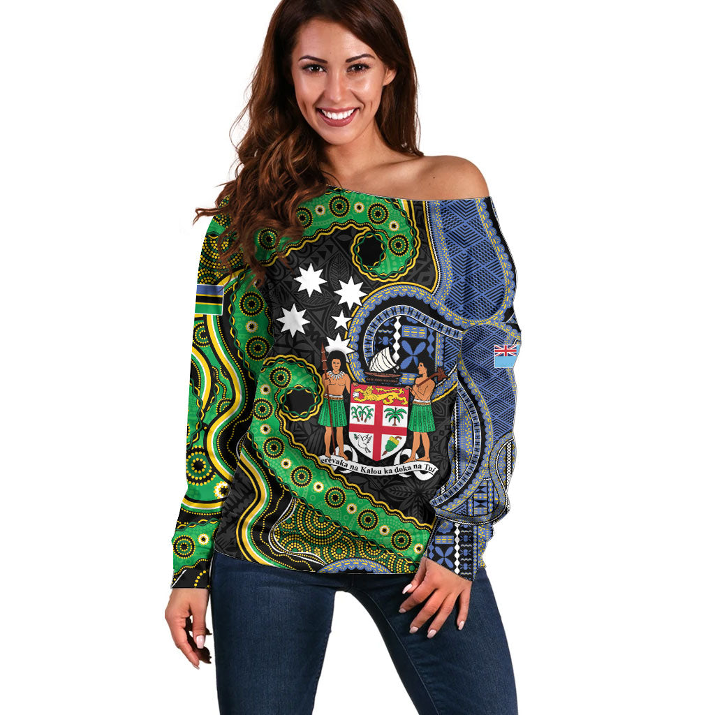 South Sea Islanders And Fiji Off Shoulder Sweater Fijian Coat Of Arms And Southern Cross DT05 Women Black - Polynesian Pride