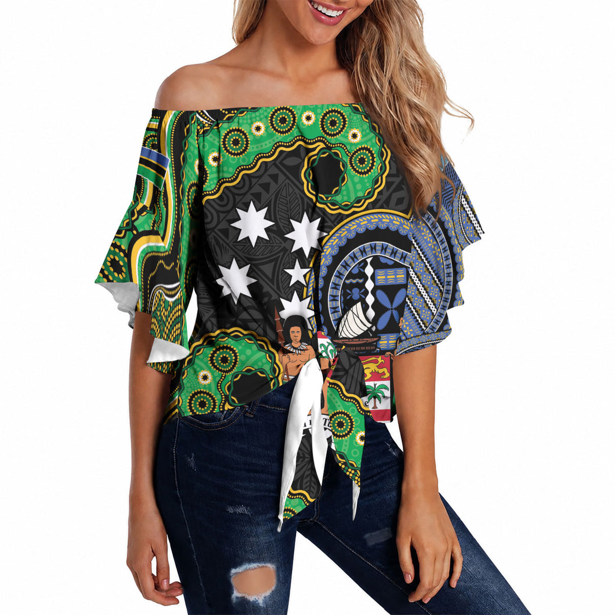 South Sea Islanders And Fiji Off Shoulder Wrap Waist Top Fijian Coat Of Arms And Southern Cross DT05 Black - Polynesian Pride