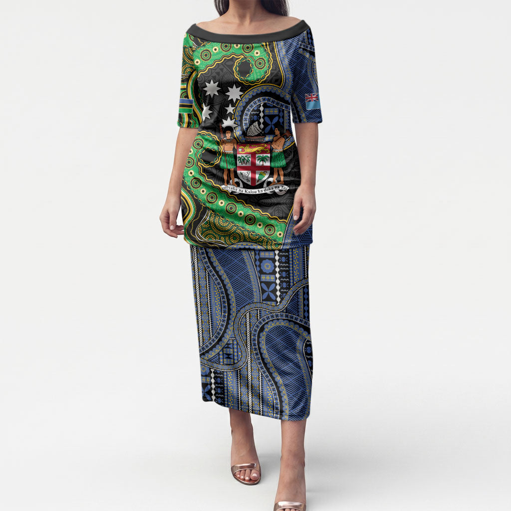 South Sea Islanders And Fiji Puletasi Fijian Coat Of Arms And Southern Cross DT05 Long Dress Black - Polynesian Pride