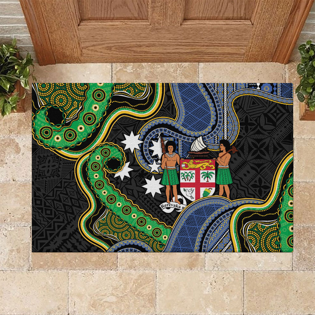 South Sea Islanders And Fiji Rubber Doormat Fijian Coat Of Arms And Southern Cross DT05 Black - Polynesian Pride