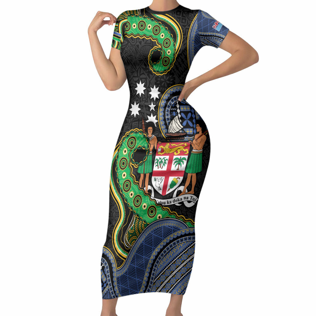 South Sea Islanders And Fiji Short Sleeve Bodycon Dress Fijian Coat Of Arms And Southern Cross DT05 Long Dress Black - Polynesian Pride