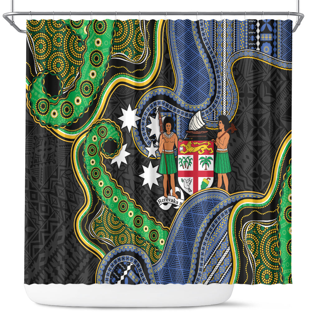 South Sea Islanders And Fiji Shower Curtain Fijian Coat Of Arms And Southern Cross DT05 Black - Polynesian Pride