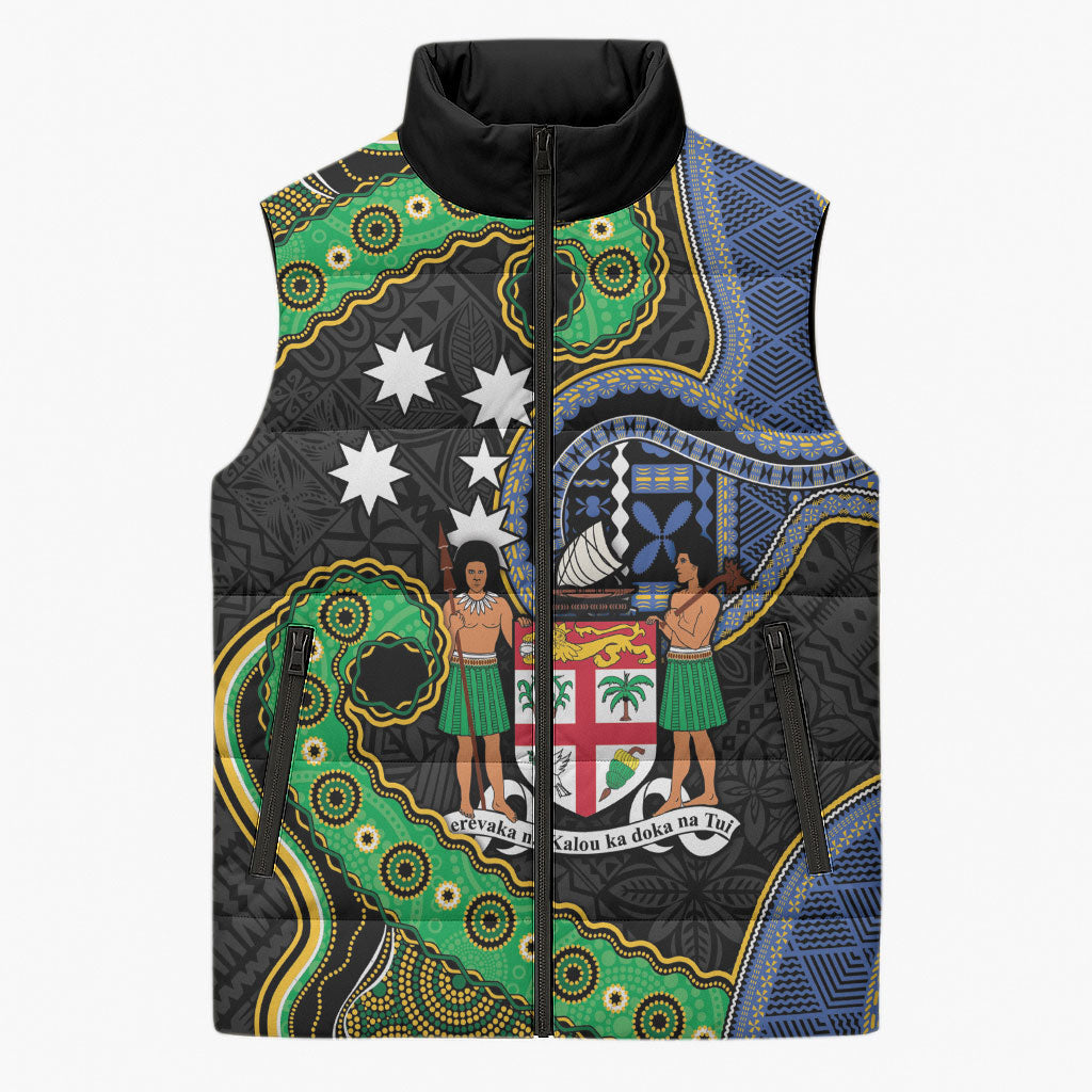 South Sea Islanders And Fiji Sleeveless Puffer Jacket Fijian Coat Of Arms And Southern Cross DT05 Unisex Black - Polynesian Pride