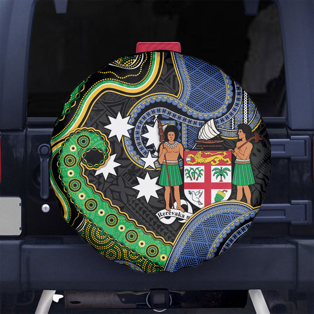 South Sea Islanders And Fiji Spare Tire Cover Fijian Coat Of Arms And Southern Cross DT05 No hole Black - Polynesian Pride