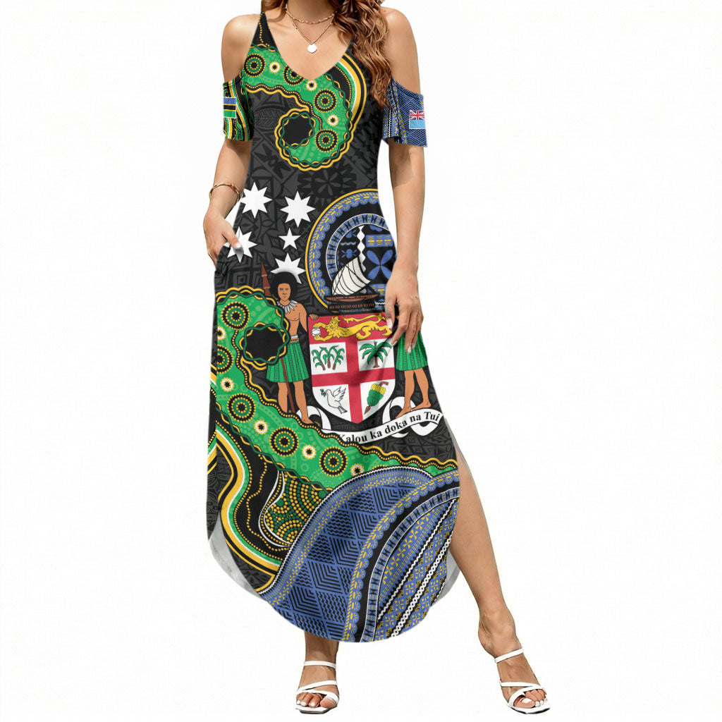 South Sea Islanders And Fiji Summer Maxi Dress Fijian Coat Of Arms And Southern Cross DT05 Women Black - Polynesian Pride