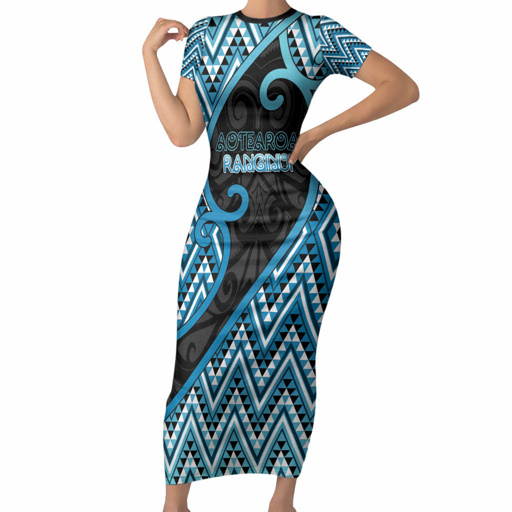 Custom Aotearoa Atua Ranginui Short Sleeve Bodycon Dress Maori Sky Father Koru Patterns DT05 Long Dress Blue - Polynesian Pride